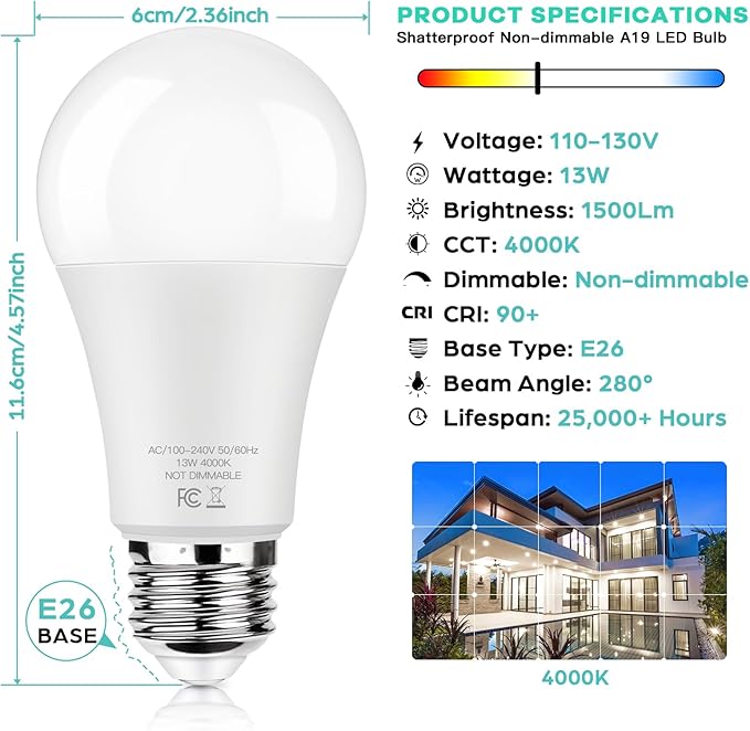 LED Light Bulbs 100W Equivalent 1500 Lumens, A19 13W 4000K Neutral White Non-Dimmable, Super Bright No Flicker Standard E26 Edison Screw Bulbs for Home, Bedroom, Office Lamp, 12-Pack