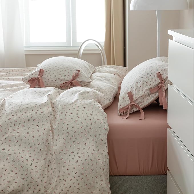 EAVD Garden Small Pink Floral Comforter Set Queen Soft Microfiber 3-Piece Floral Cottagecore Bedding Set with 2 Pillowcases Fresh Reversible Botanical Comforter Set for All-Season