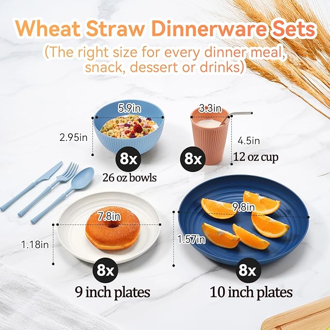 Wheat Straw Dinnerware Sets,64-Piece Plates and Bowls Sets for 8-Unbreakable,Reusable Plastic Dish Set-Dinner Plate/Dessert Plate/Cereal Bowl/Cup/Utensils-Dishwasher Safe 64P-Oecan Coral