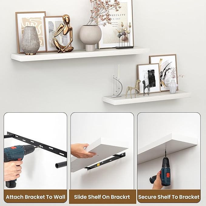 Heimlove 48 Inch Floating Shelves for Wall,Extra Long Wood Shelves Mounted Storage Hanging Shelf Invisible Bracket for Bedroom,Living Room,Kitchen,Office,Set of 2,White