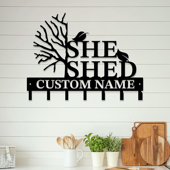 Personalized She Shed Keys Hooks,Custom Name Metal She Shed Art Keys Hooks,Metal She Shed Lover Wall Home Storage Decorative Keys Hooks,Key Holder Hooks for Wall (Style F)