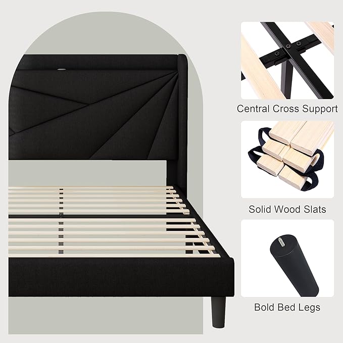 Feonase Full Size Bed Frame with Charging Station, Linen Upholstered Platform Bed Frame with Wingback Storage Headboard, Solid Wood Slats Support, No Box Spring Needed, Noise Free, Black