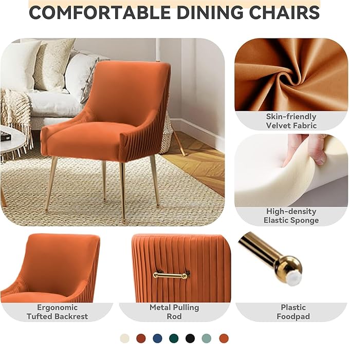 Dining Chairs, Accent Chairs Set of 8, Modern Upholstered Kitchen Dining Room Chairs with Gold Legs, Fabric Tufted Velvet Living Room Chairs for Reception Room Bedroom Guest Room (Orange)