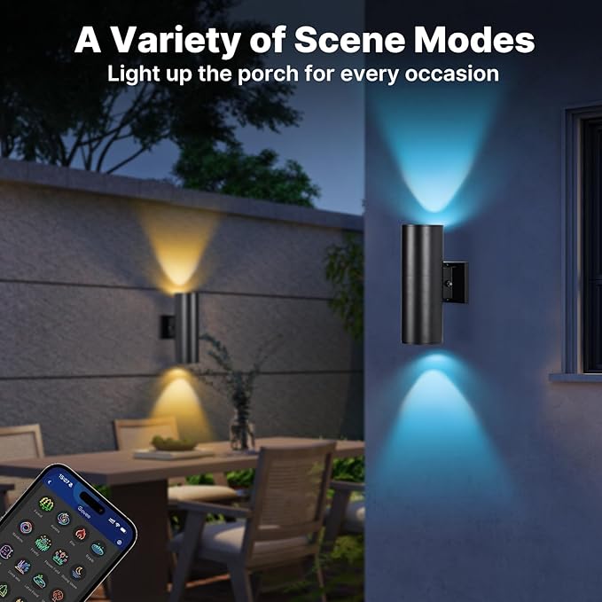 RGBCW Outdoor Wall Light 6 Pack, Smart Porch Light Dusk to Dawn Lighting with Remote Control, WiFi Outdoor Wall Sconce, Compatible with Alexa, Exterior Lights for House Porch Garage