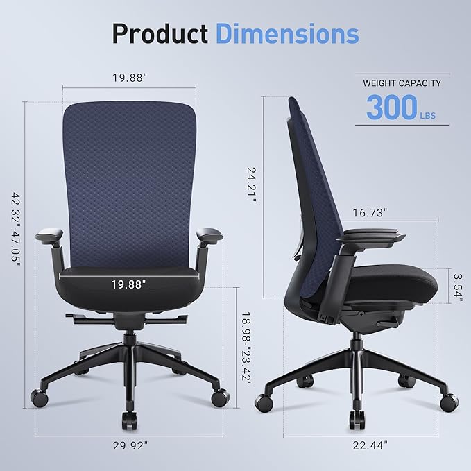 Executive Office Chair with 4D Adjustable Arms & Lumbar Support - Mesh Seat Depth Adjustment, 107°-115°-123°-132° Recline, Memory Foam & Aluminum Base for Modern Home/Office,Blue