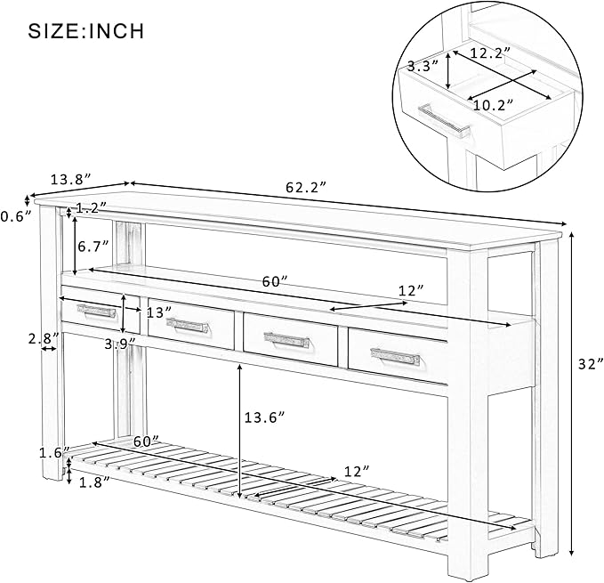 Modern 62'' Console Table Sofa Entryway Table with 4 Drawers and 2 Shelves, Acacia Wood Kitchen Buffet Cabinet Sideboard, Accent Table Furniture for Entryway Kitchen Living Room (White-4DE)