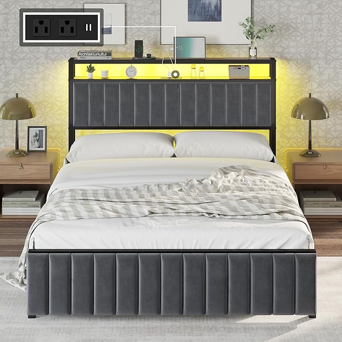 Queen Bed Frame with LED Light and Charging Station, Velvet Upholstered Headboard with Storage Shelf, Heavy Duty Metal Slats/No Box Spring Needed/Easy Assembly, Grey