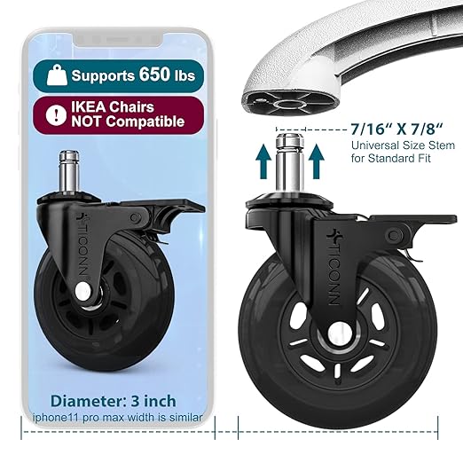 TICONN Office Chair Caster Wheels Set of 5 for Tile, Hardwood Floors and Carpets, Universal Fit for Most Chairs (Black with Brake)