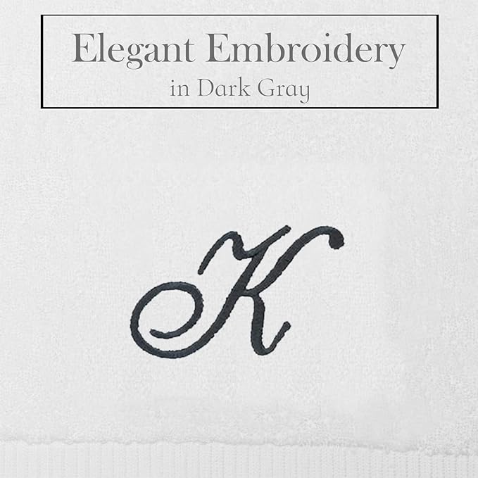 White Monogrammed Hand Towels for Bathroom - Luxury Hotel Quality Personalized Initial Embroidered Towel for Powder Room, Spa - GOTS Organic Certified - Set of 2 Dark Gray Letter K