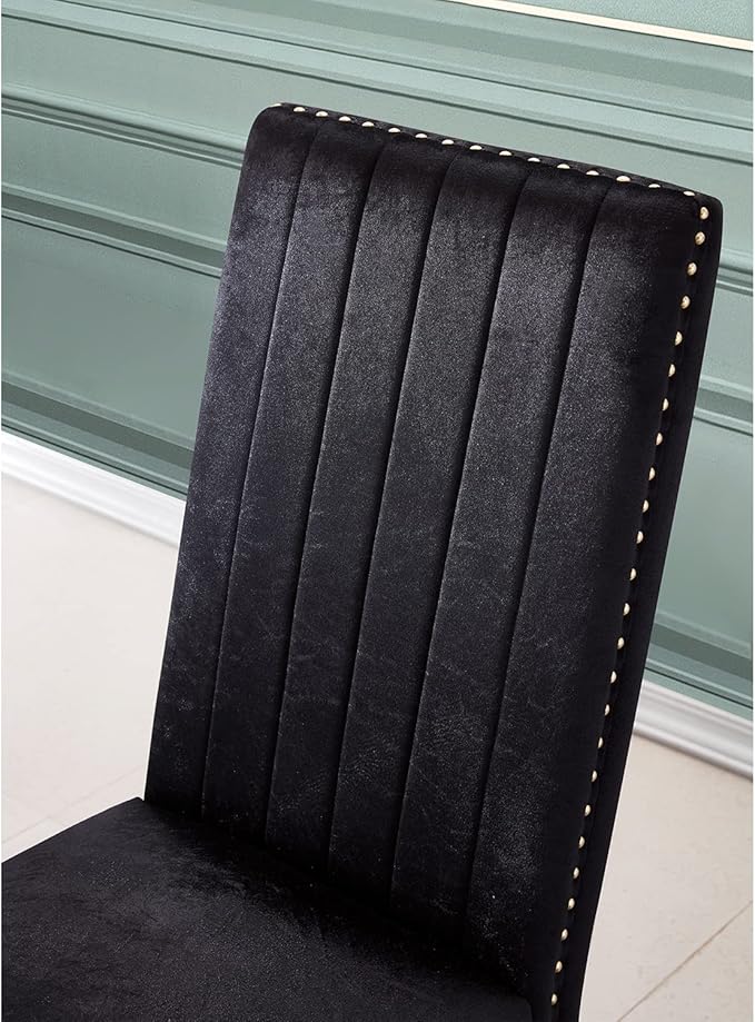 AUZ Black and Gold Dining Chairs Set of 4, Black Velvet Dining Room Chair with Nailhead Trim and Gold Polished Metal Legs, Luxury High Back Dining Chairs