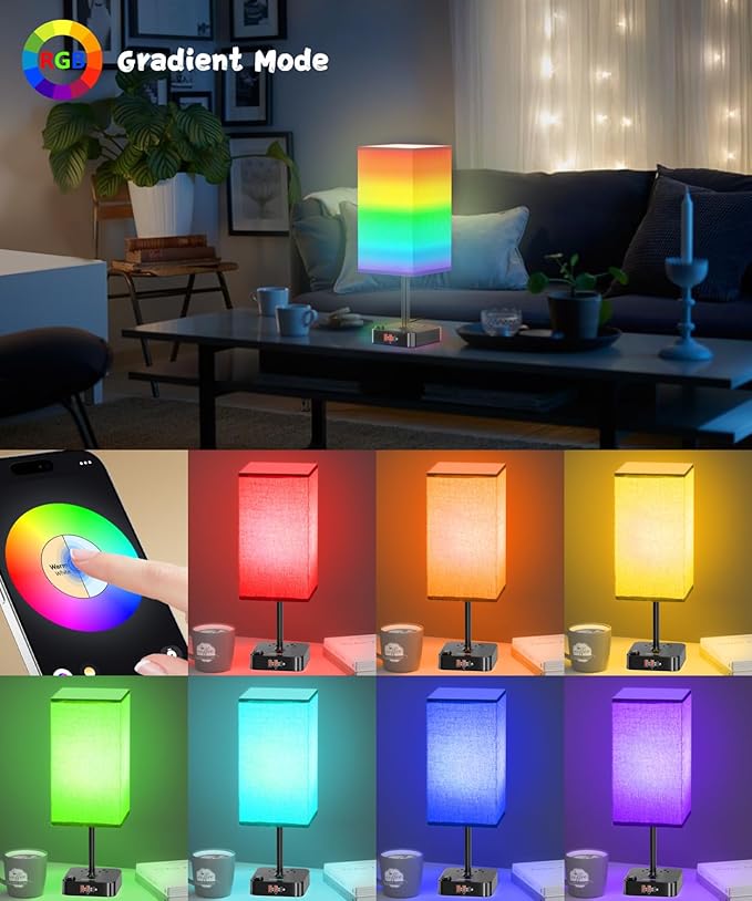 Bluetooth/WiFi RGB & USB Bedside Table Lamp with 3 USB Charging Ports 2 Outlets Power Strip, LED Light Bulb Dimmable, Music Sync Color Changing Light (RGB - Green Shade)