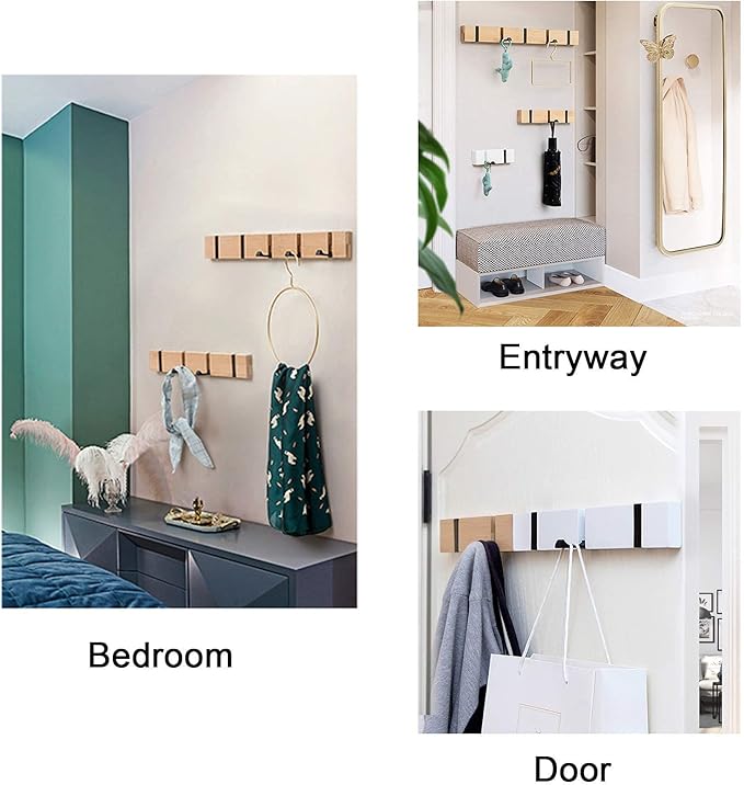 Wooden Wall Mounted Folding Coat Rack – Modern, Sleek Space-Saving Hanger for Entryway, Hallway, Living Room, Bedroom, Bathroom – Natural 4 Hooks(2 Pack)