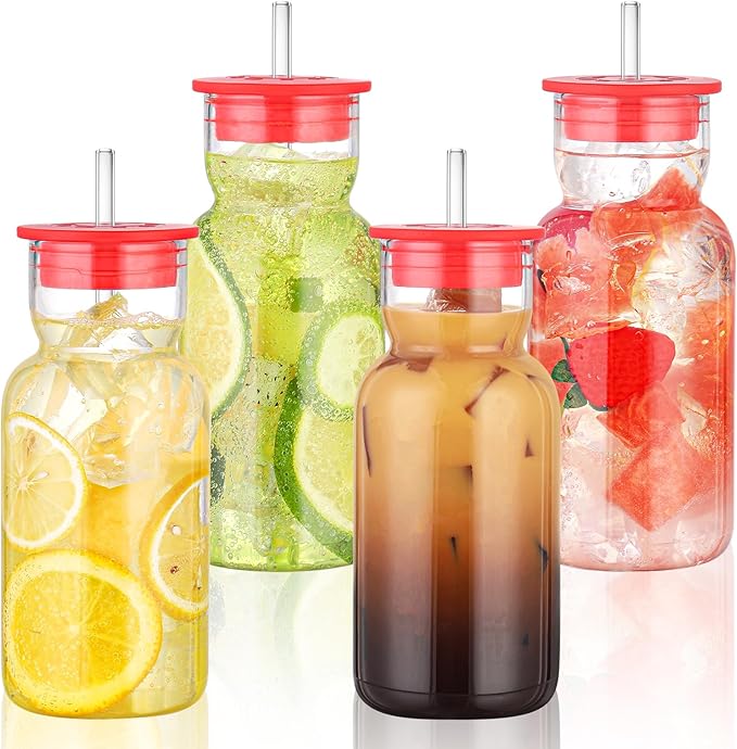 17 oz Glass Cups with Lid and Straw, Glass Tumbler with Straw and Lid, Vintage Glassware for Whiskey Cocktail Beer Juice, Iced Coffee Cups with Lid (4 PACK)