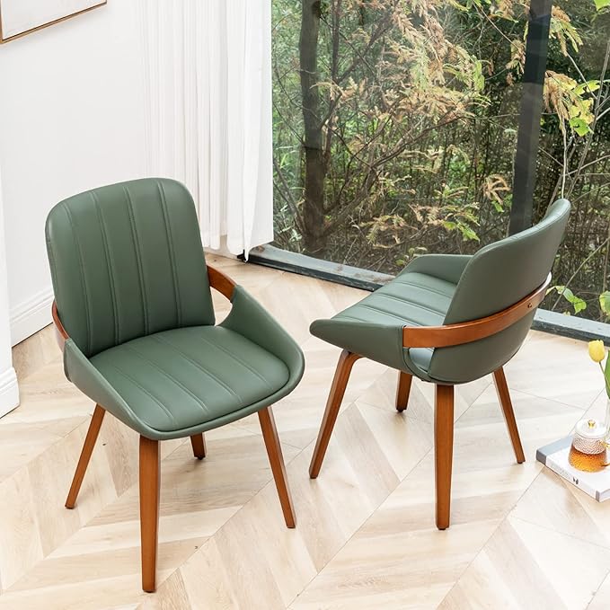 Mid Century Modern Faux Leather Upholstered Dining Chairs Set of 2,Armless Accent Chairs with Sturdy Natural Wood Legs,Bamboo Backrest Support for Kitchen&Dining Room Chairs(Green PU)