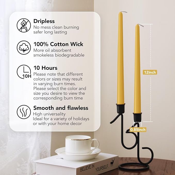 New Burning Formula Unscented Dripless 12-Inch Taper Candles Set of 12 - Spicy Mustard, for Wedding, Dinner - Smokeless, Long Burning - Hand Poured, Colored Tall Candlesticks - Mostaza Picante