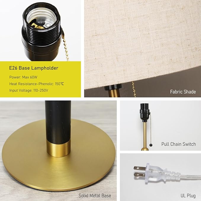 18.9" Modern Table Lamp Bedside Lamps for Nightstand Lamp for Bedroom Living Room End Tables 3-Color Night Light Pull Chain Switch Wood Fabric for Home Office Dorm Decor (Light Brown+Brass)