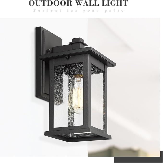 Emliviar Outdoor Wall Mount Lights 2 Pack, 1-Light Exterior Sconces Lantern in Black Finish with Clear Seeded Glass, OS-1803EW1-2PK