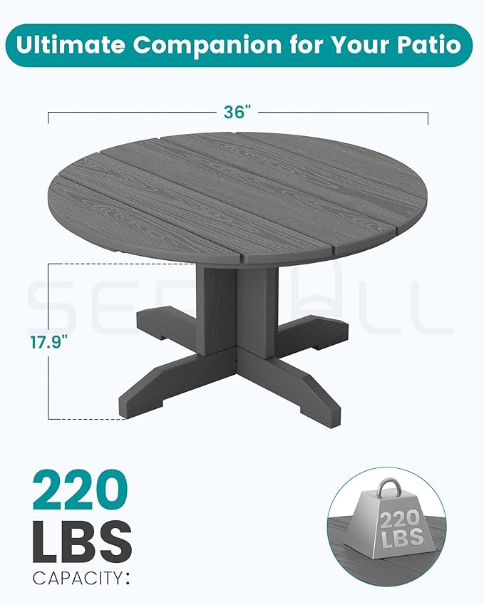SERWALL 5-Piece Outdoor Round Coffee Table Set - 1 Table & 4 Adirondack Chairs with Cup Holders (Gray)