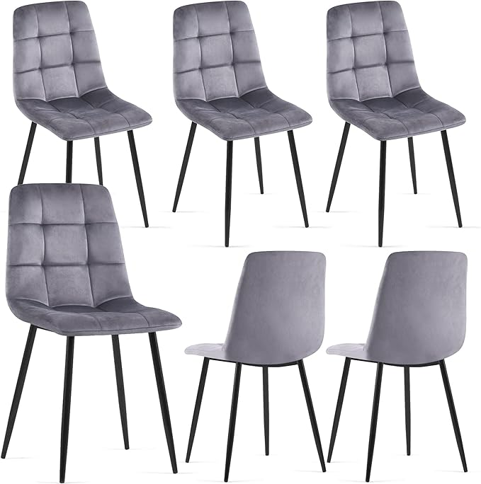 NORDICANA Grey Velvet Dinner Chairs Set of 6 Modern Armless Dining Side Chairs with Metal Legs for Kitchen Living Room Vanity