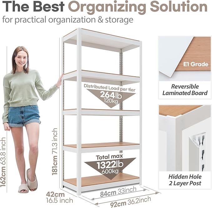 HOMEDANT House 5 Tier Laminated Metal Shelving Unit Adjustable Storage Utility Rack Heavy Duty Shelves Organization Multipurpose Shelf Kitchen Garage Pantry Closet (3, (M) 36.2" W, White)