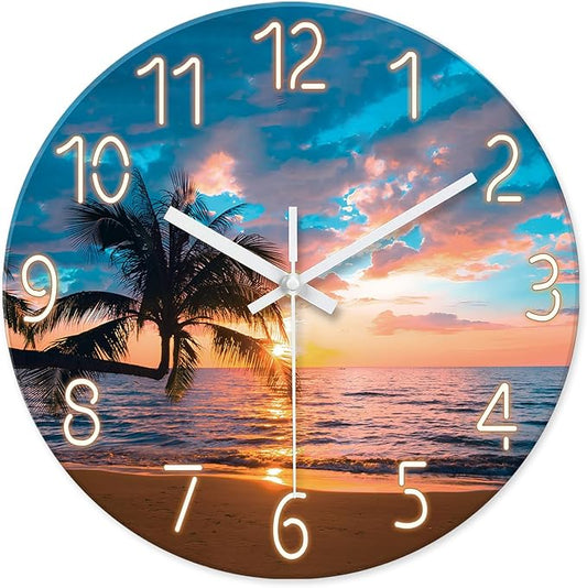 XFM Beach Wall Clock 14 Inch Palm Tree Analog Wall Clocks Battery Operated for Living Room Kitchen Decor Sunset Coastal Glass Silent Wall Clock