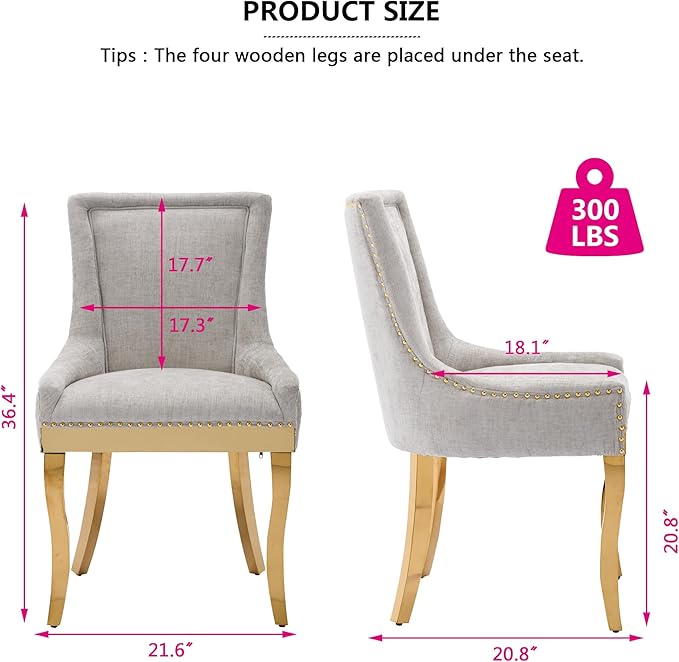 Luxury Fabirc Upholstered Dining Chairs Set of 4,Neutral Chenille Kitchen Room Chair with Nailhead Trim,4 Piece Modern Side Chairs for Dining Room,Living Room,Bar (Beige-Gold, Set of 4)