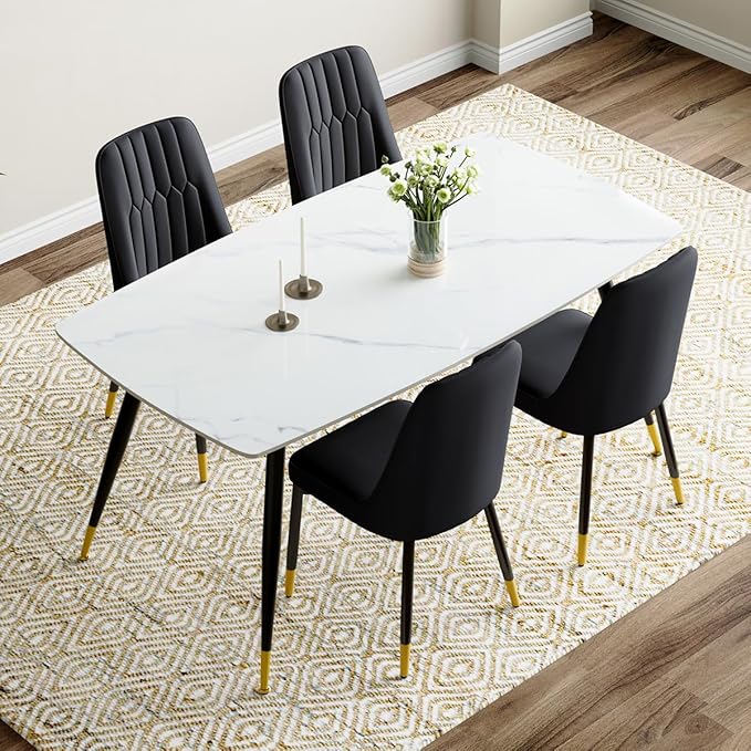 White Dining Table Set for 4, 62'' Dining Table Set for 4, Sintered Stone Dining Room Sets for 4, Easy to Assemble