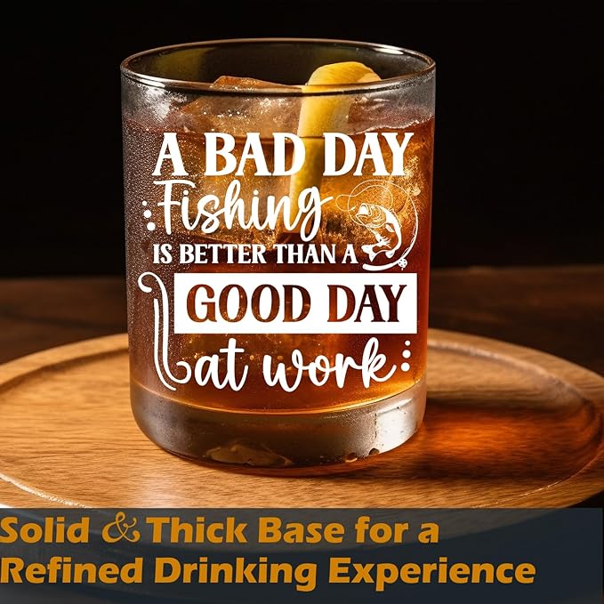Fish Lovers Gifts Old Fashioned Whiskey Glasses, Fishing Gifts for Fisherman, Funny Fishing Gift 10 oz Rocks Barware Cup for Cocktail Drinks Scotch Bourbon Liquor