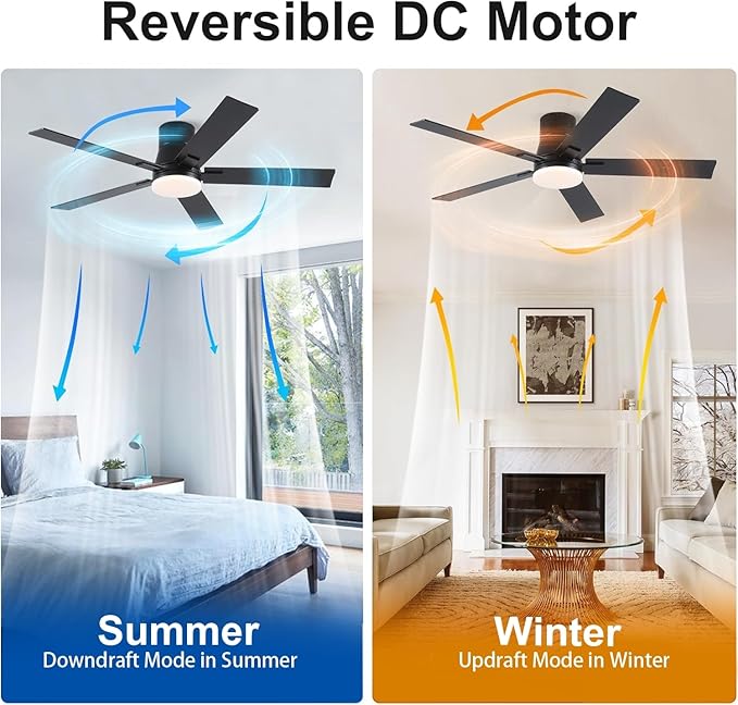 Rayqueen 52 Inch Ceiling Fans with Lights and Remote,Flush Mount Black Ceiling Fan,6 Speed Reversible DC Motor,3CCT Dimmable LED-Low Profile Design for Bedroom, Living room & Covered Outdoor