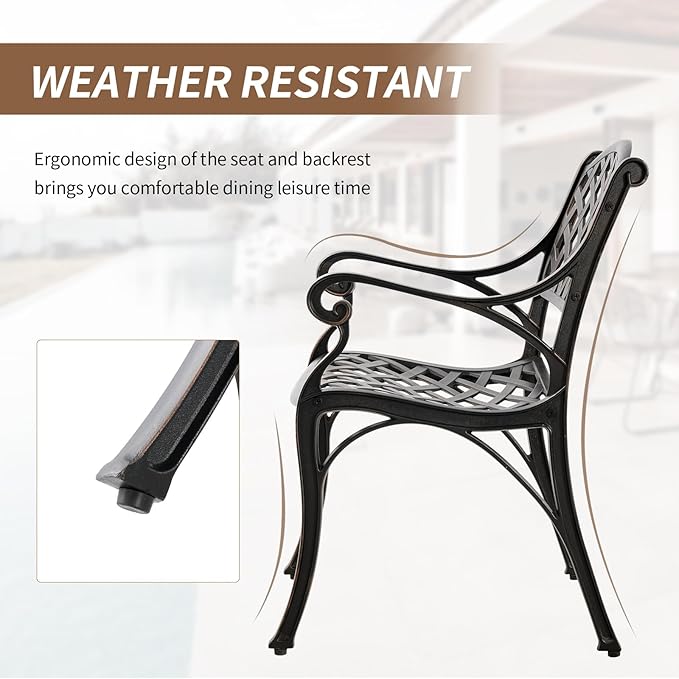 Cast Aluminum Patio Dining Set, Outdoor Bistro Set, 31.5" Round Outdoor Dining Table with Umbrella Hole, 2 Patio Chairs for Yard Porch Garden Balcony