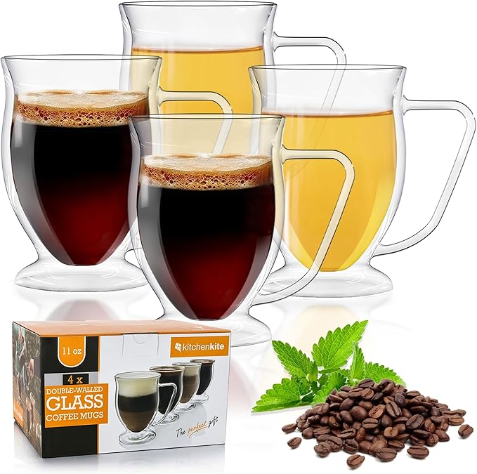 Double Wall Glass Coffee Mugs - 11oz Dishwasher & Microwave Safe Clear Mugs Set of 4 - Insulated Design, Ideal as Cups for Tea, Latte, Cappuccino, Nespresso, Hot & Cold Beverages