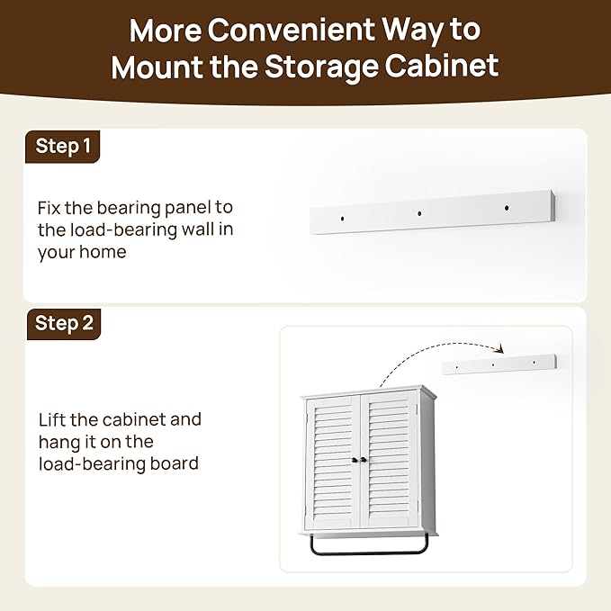 Bathroom Storage Cabinet with Adjustable Wood Shelves & Doors, Made of PDF Wood, Wall Mounted with Towels Bar, Over The Toilet Storage Cabinet for Kitchen & Living Room & Laundry Room-White