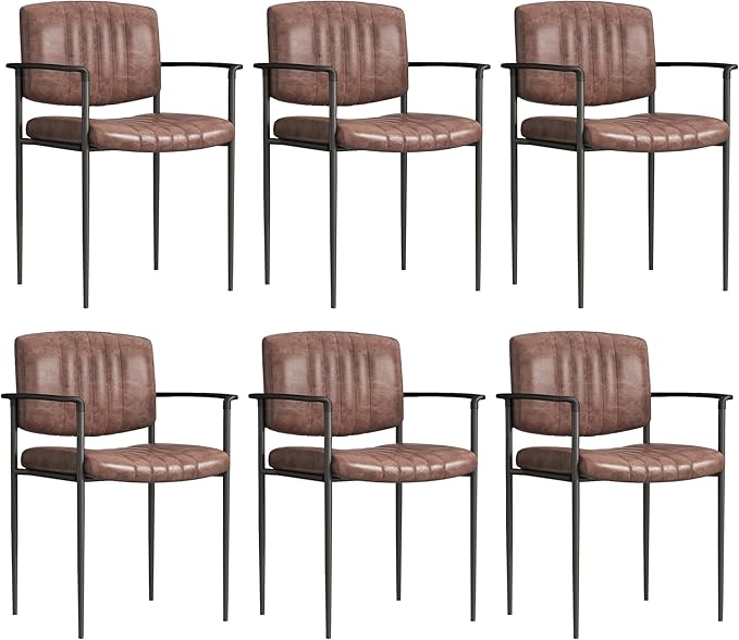 Mid-Century Modern PU Leather Dining Chairs Set of 6, Upholstered Kitchen Chairs with Arms and Metal Legs Adjustable Feet for Kitchen Dining Room(Brown)