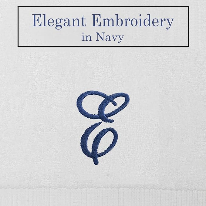 White Monogrammed Hand Towels for Bathroom - Luxury Hotel Quality Personalized Initial Embroidered Towel for Powder Room, Spa - GOTS Organic Certified - Set of 2 Navy Letter E