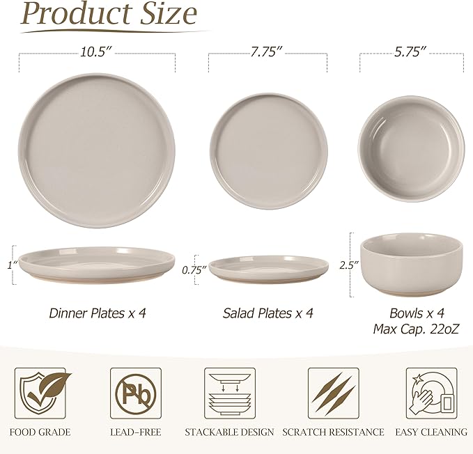 LIANYU Plates and Bowls Dish Sets for 4, 12PCS Stoneware Dinnerware Set, Speckled Dishware Includes Dinner Salad Plates, Cereal Bowls, Scratch Resistant, Milky Brown