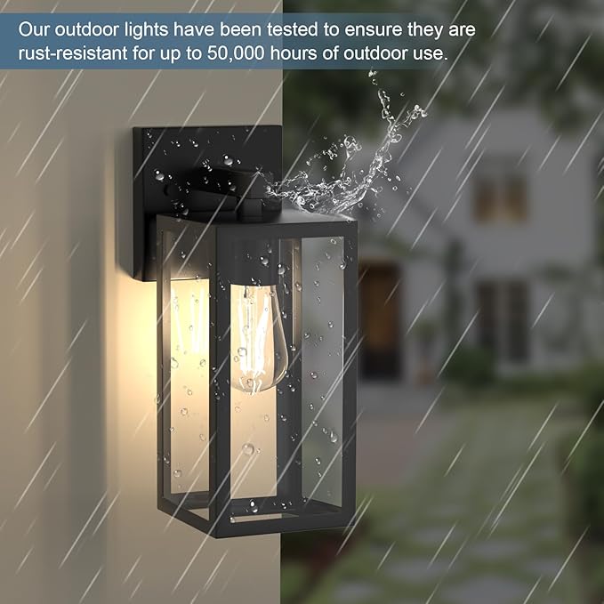 Kalium Porch Lights Outdoor Wall Light Fixture 2pcs, Matte Black, Wall Sconce 12.4 in, Toughened Frame, Clear Glass Shade, Waterproof Lanterns, Suitable for Patio, Exterior, Front, Door, Entryway
