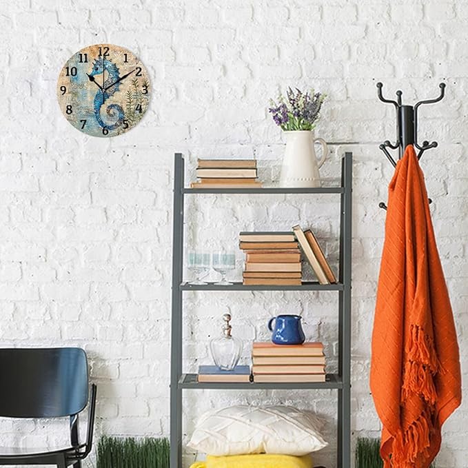 Wall Clock Ocean Map Seahorse Silent Non Ticking Wall Clock Decorative Battery Operated Wall Clocks for Home Kitchen Bedroom Living Room Office