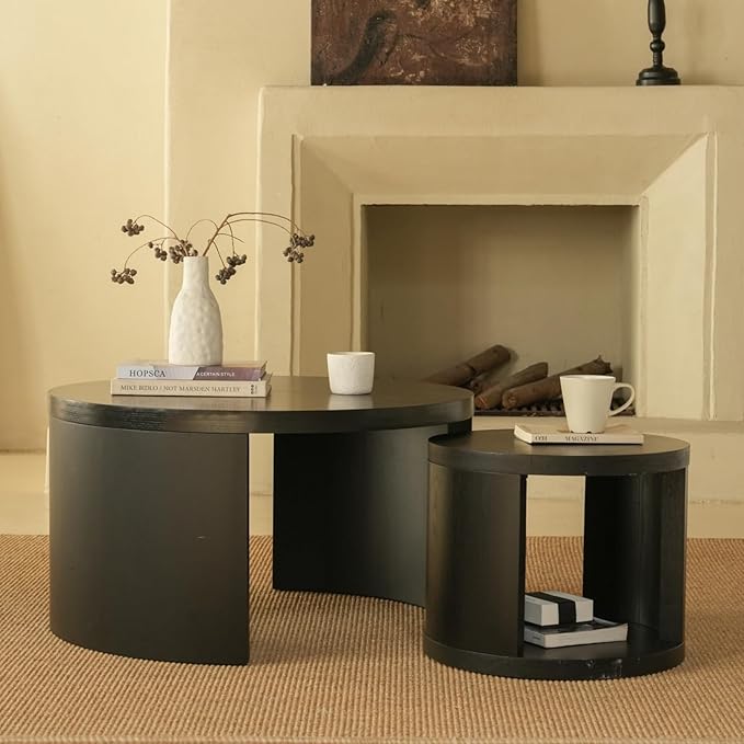 Round Nesting Coffee Table Set of 2, 31.5" Large and 18" Small Low Tables, Modern Wood Grain Tables for Living Room, Black