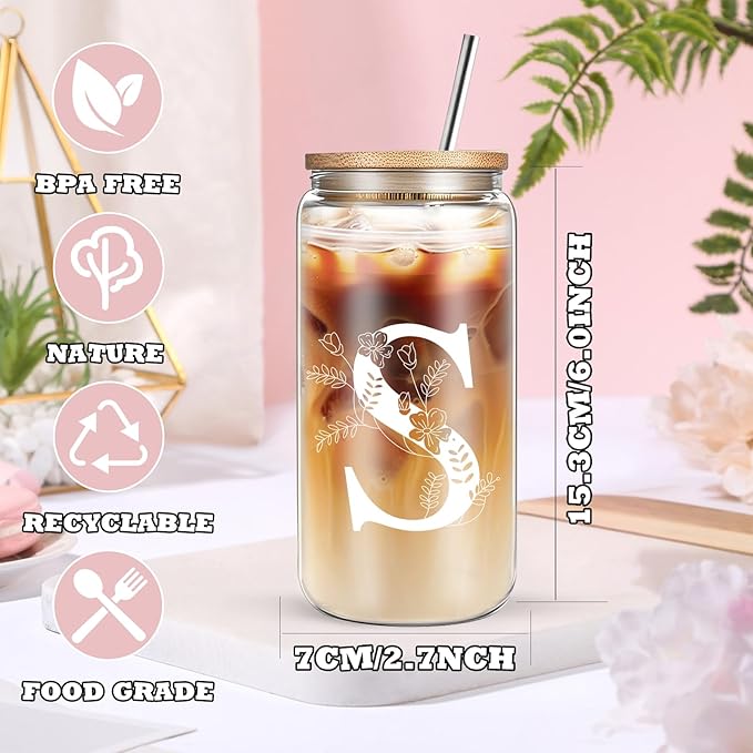 Unique Initial Glass Cup with Lids and Straws, Monogrammed Gifts Box Included Makeup Bag, Christmas Birthday Gifts for Women Mom Sister Grandma, S