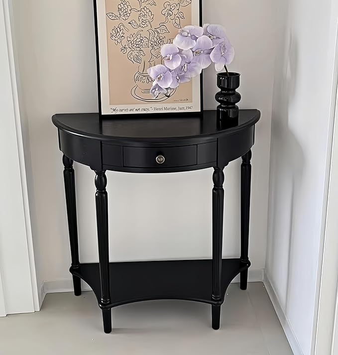 Solid Wood Console Table with Drawer, Semi-Circle Entryway Storage Shelf, Half-Moon Porch Table Side Elegant Vintage Sofa for Living Room (Black (23.6" L x 11.8" W x 31.5" H))
