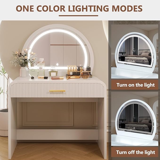 Merax 39" Make Up Vanity Desk with Touch Screen Lighted Mirror and Storage Drawer, Rubber Wood Girls Makeup Dresser Table for Bedroom, Dressing Room