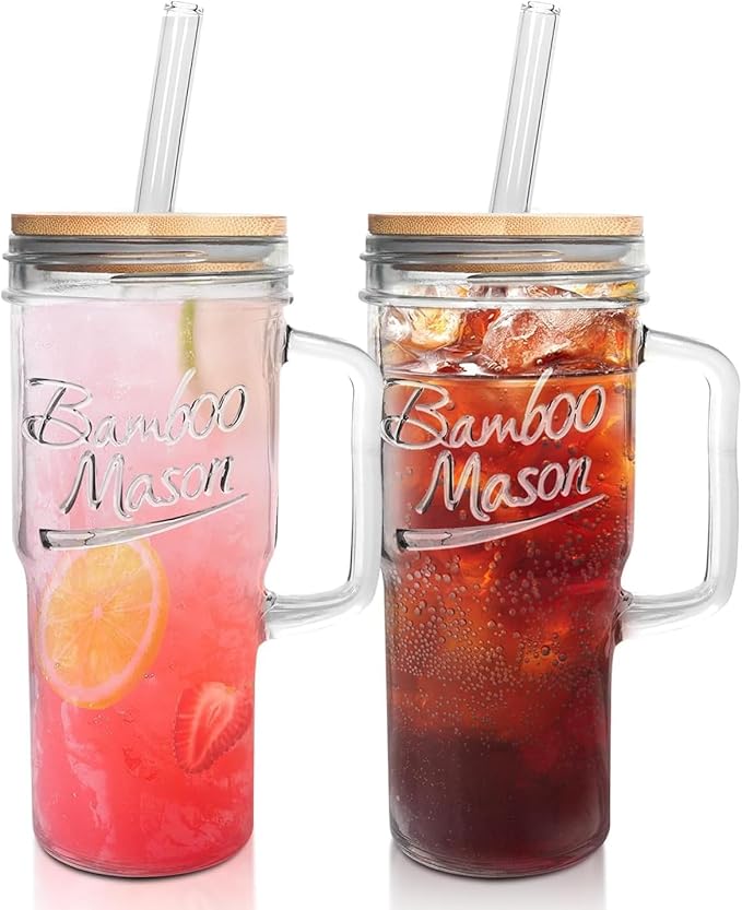ANOTION Glass Cups with Lids and Straws - 24oz Tumbler with Handle Coffee Cups Glass Straws Glasses Mason Jar Cups Drinking Set Kitchen Essentials Coffee Bar Accessories House Warming Gifts New Home
