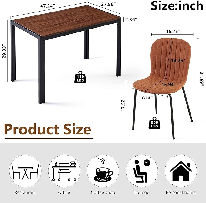 Vintage Dining Table Set for 4, 47" Solid MDF Table Faux Wood Industrial Style Kitchen Table Set with 4 Brown Leather Dining Chairs for Breakfast Nook, Dinette