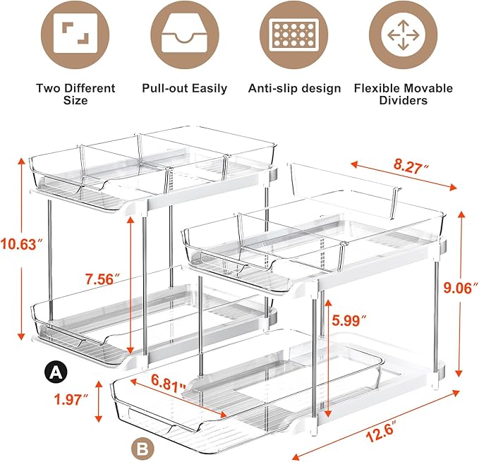 Delamu 2-Tier Multi-Purpose Bathroom Under Sink Organizers and Storage, Stackable Kitchen Pantry Organization, Pull Out Medicine Cabinet Organizer with Movable Dividers, White, 2 Pack