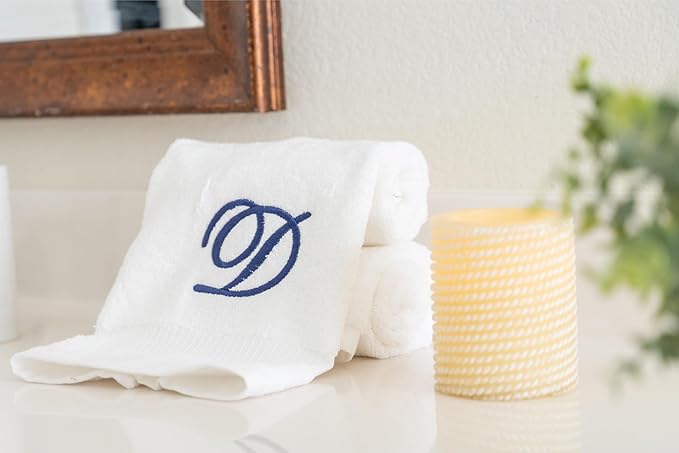 White Monogrammed Hand Towels for Bathroom - Luxury Hotel Quality Personalized Initial Embroidered Towel for Powder Room, Spa - GOTS Organic Certified - Set of 2 Navy Letter D
