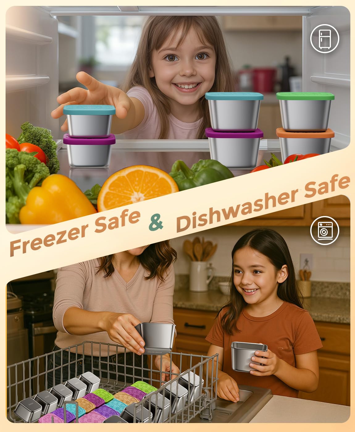 Osfel 3 Pack 6oz Stainless Steel Snack Containers and 3 Pack 2oz Salad Dressing To Go Containers with Silicone Lids, Reusable Square Meal Prep Condiment Sauce Containers Lunch Box Accessories