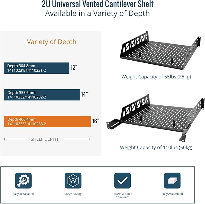 Tecmojo 2U Rack Shelf,19 inch Server Rack Shelf 16 inch Depth,Weight Capacity 110Lbs/50kg,Rack Mount Shelf for 19" Network Racks & Cabinets,with Complete Accessories (2Pack)