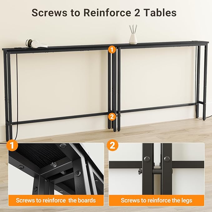 ELYKEN 2 Pack 5.9" Narrow Console Sofa Table with Power Outlets, Total 78.8” Long Behind Couch Table with Charge Station and 5.9’ Extension Cord for Living Room, 5.9" D x 78.8”W x 29.5”H, Black