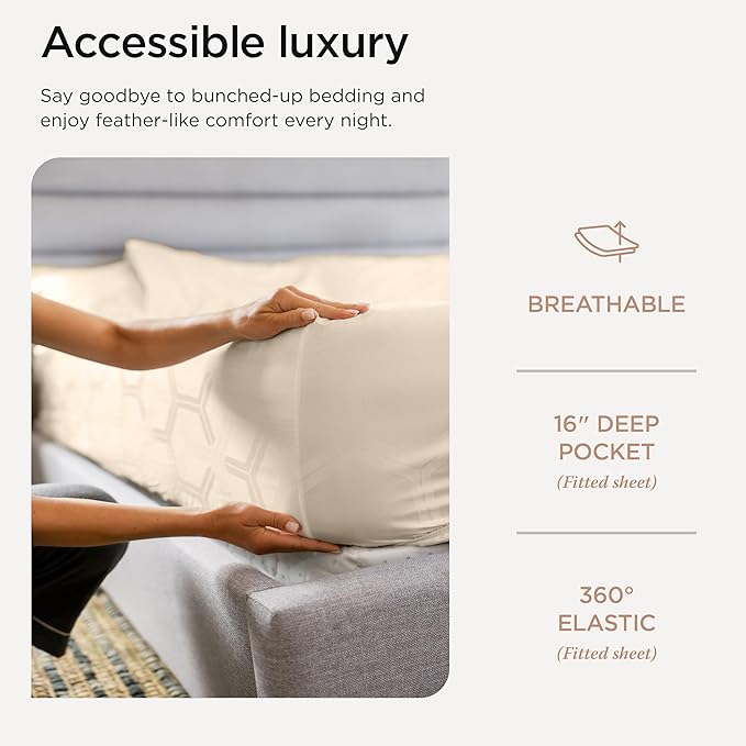 Threadmill 100% Cotton Sheets for Full Size Bed - 600 Thread Count Full Bed Sheets Set with 16” Deep Pocket - Jacquard Sateen Weave 4-Piece Bedding Set with Cooling Effect, Beige