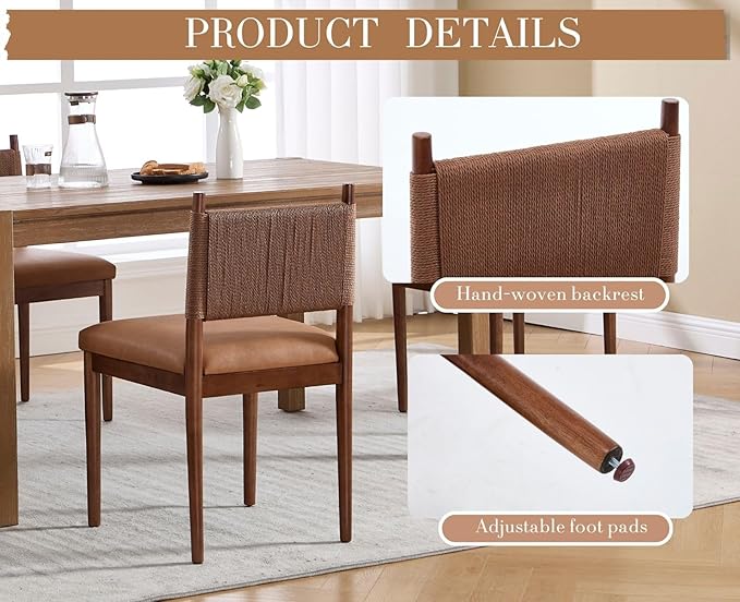 CIMOTA Brown Faux Leather Dining Chairs Set of 4, Mid Century Modern Upholstered Dining Room Chairs with Woven Back, Armless Kitchen Chairs with Walnut Solid Wood Legs, PU